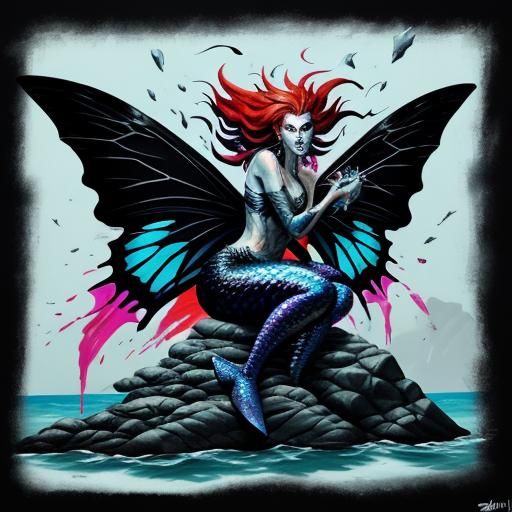 Vengeful Mermaid with Butterfly Wings in Impressionistic Sty...
