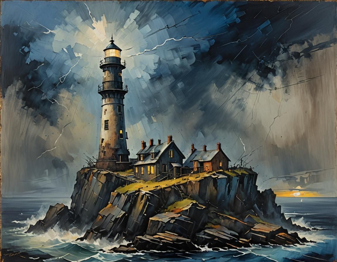 Lighthouse in Storm, Expressionist Oil Painting