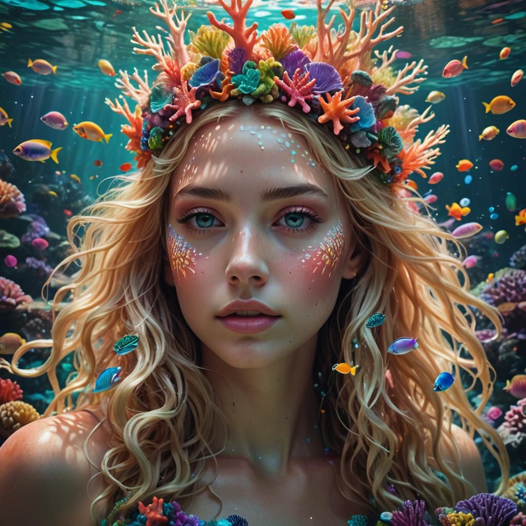 Coral Crowned Girl in Underwater Paradise