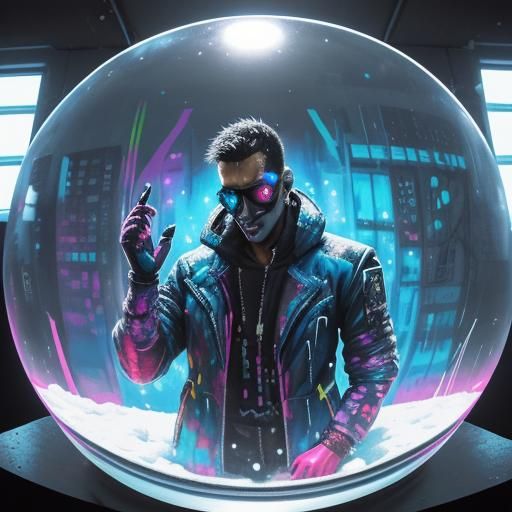 Cyberpunk Man in Snowglobe: Graffiti Art