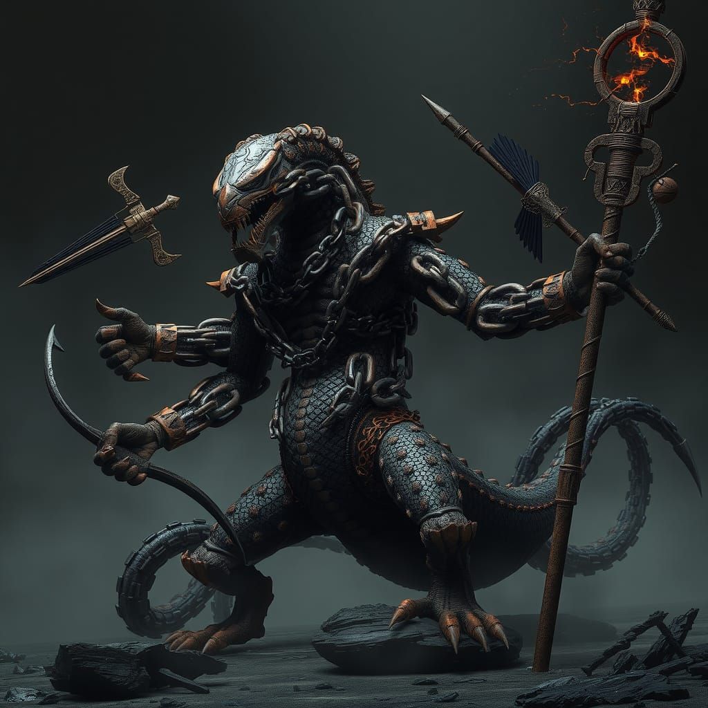 Chained Serpent Warrior in Dark Fantasy Style