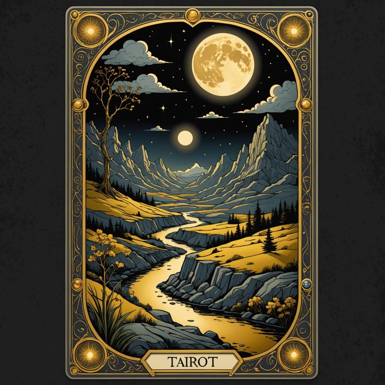 Mysterious Moonlit Landscape in Art Nouveau Tarot Card