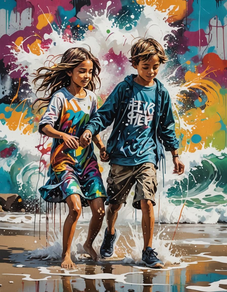 Boy and Girl Playing on Beach in Graffiti Style