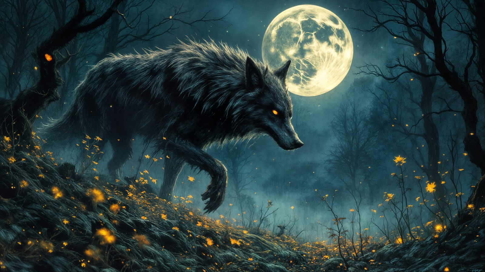 terrifying Wolf on a Glade by full Moon