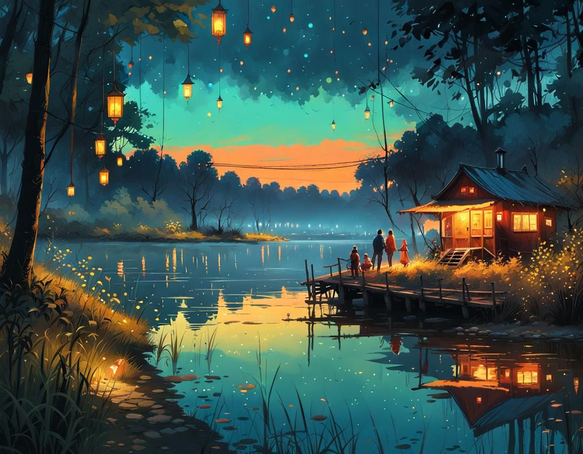 Fireflies by Lake: Digital Illustration in 8K