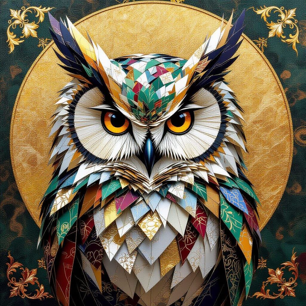 Silver Origami Owl Portrait in Klimt-Inspired Abstract Art