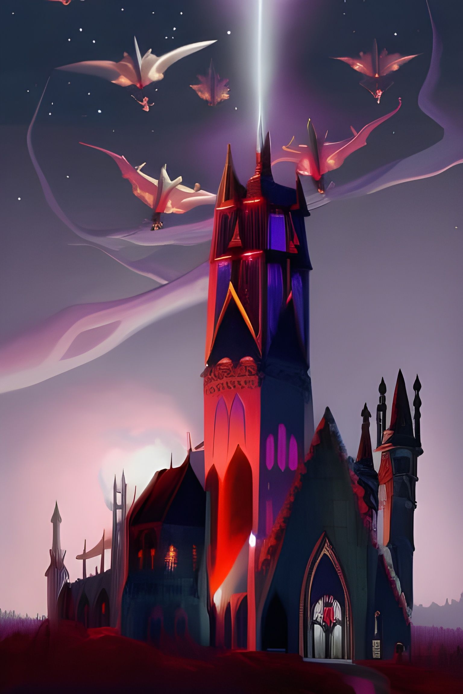 Towering Vampiric Cathedral at Night in Horror Painting