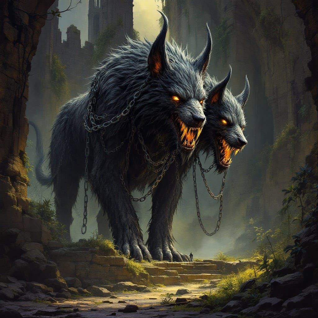 Majestic Three-Headed Cerberus in Ruins of Ancient Castle