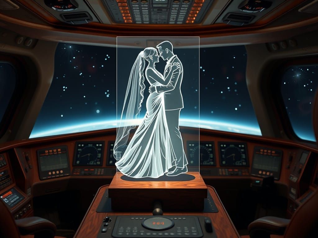 Futuristic Holographic Portrait of Loving Couple in Majestic...
