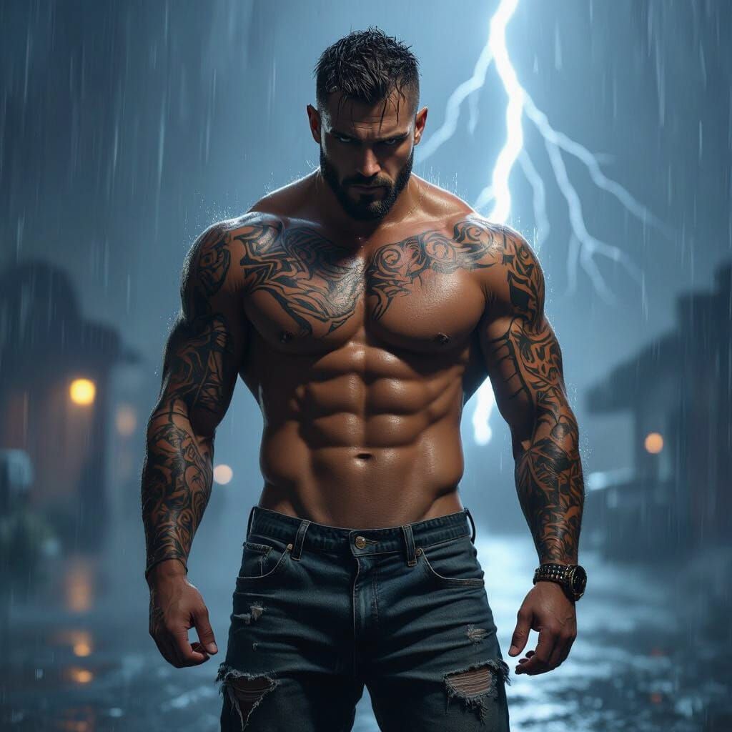 Tattooed Man in Storm, Dramatic Digital Art