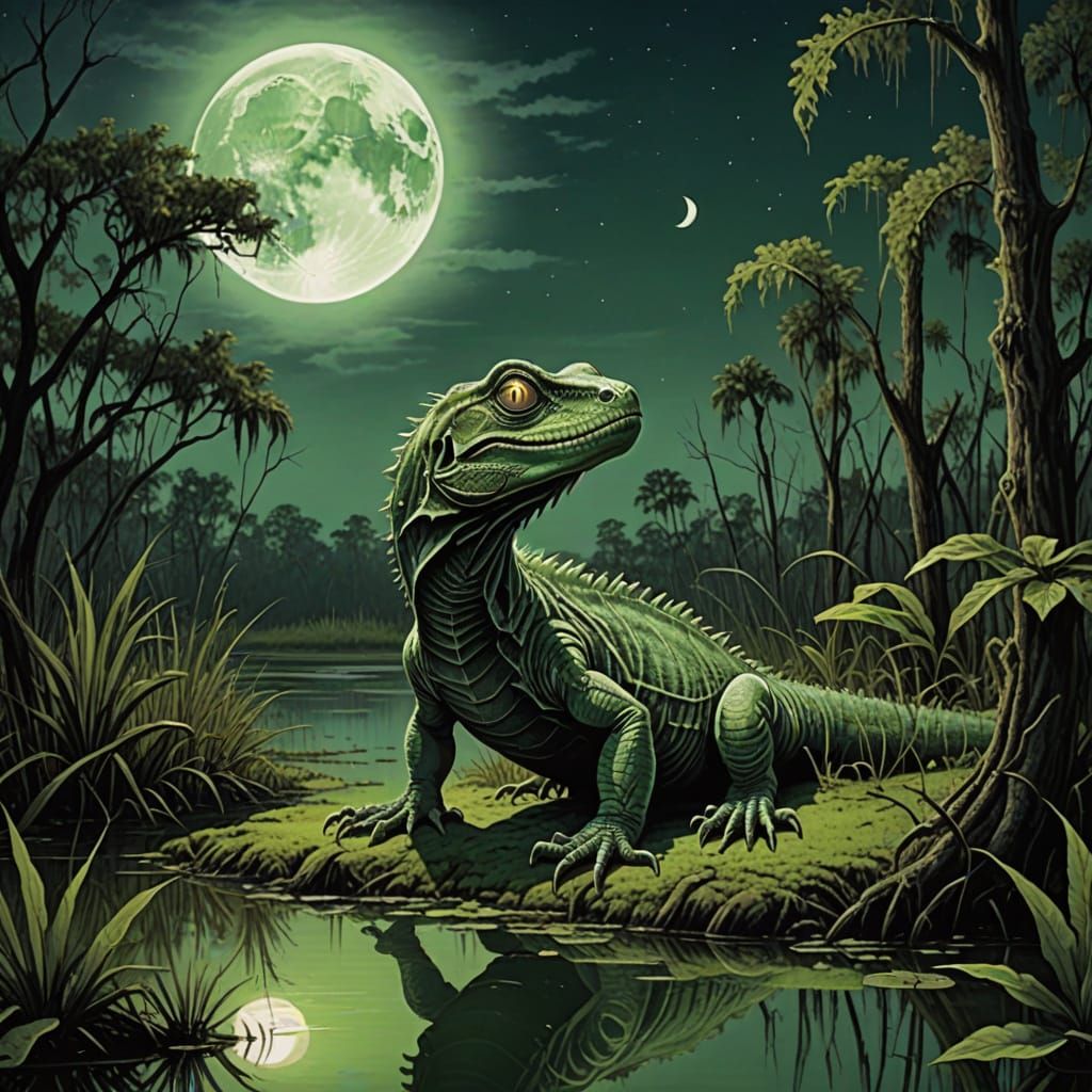Ghost Lizard in Louisiana Swamp Under Green Moon