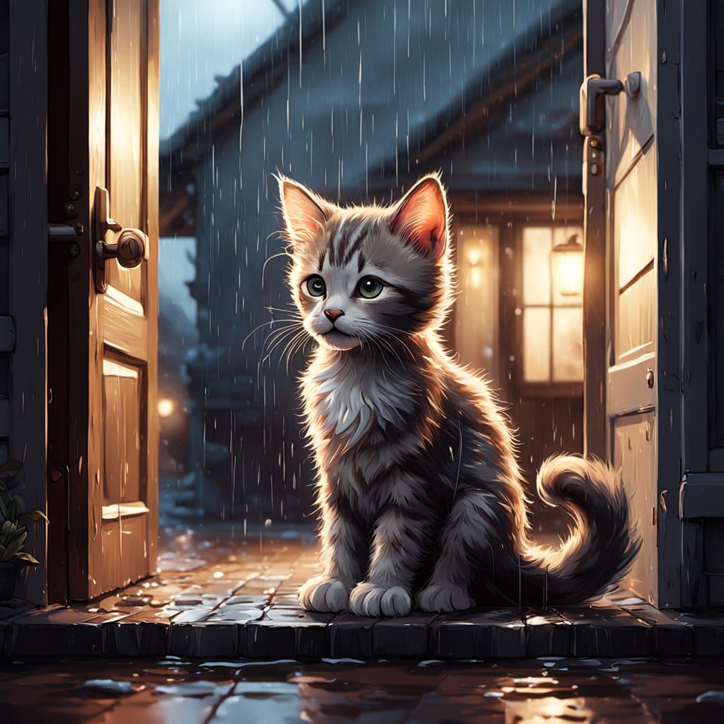 Adorable Wet Kitten Meets Kind Girl at Doorway