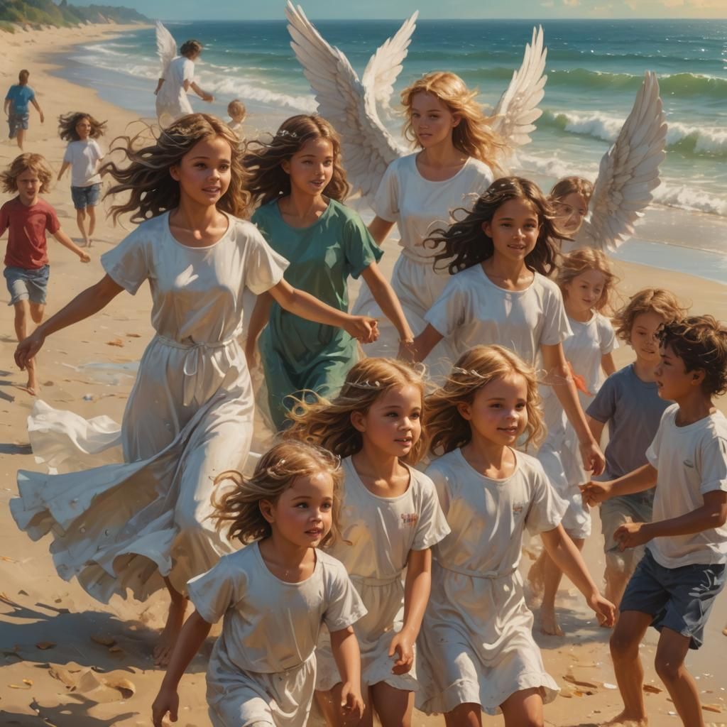 Angels Guiding to Beach: Hyperrealistic Splash Art