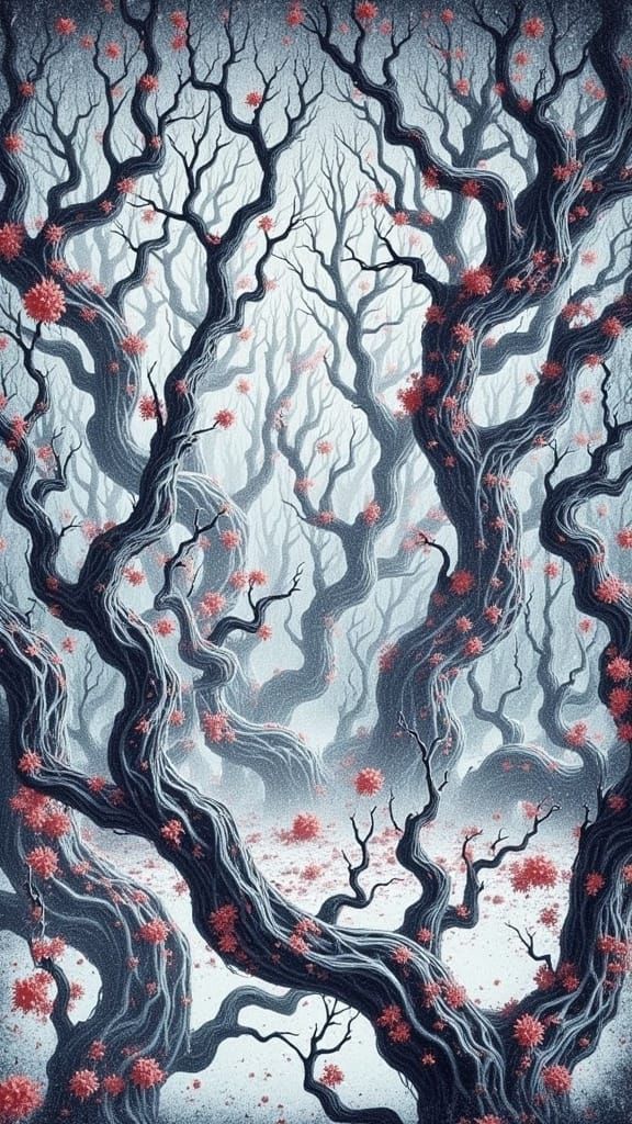 Ethereal Red Forest with Will-o'-the-Wisps