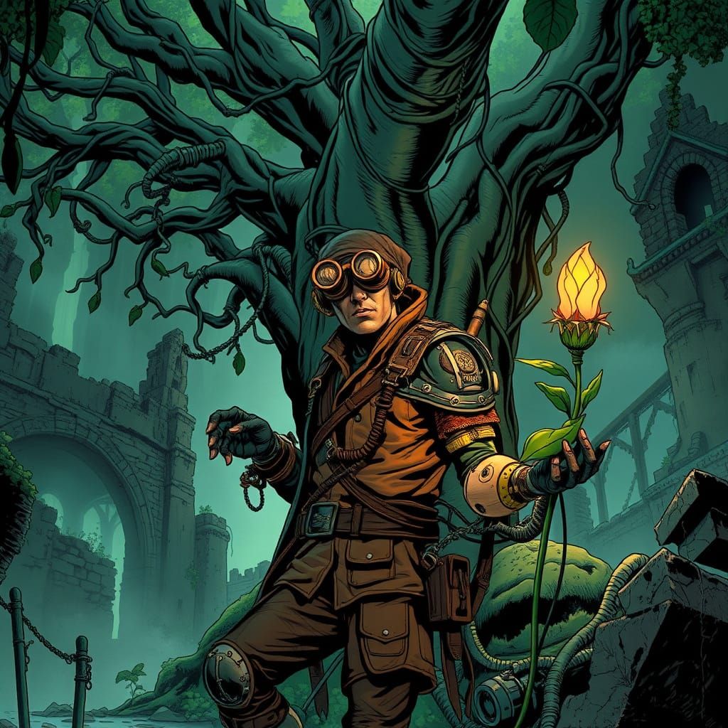 Steampunk Cyborg Botanist Tends Giant Bioluminescent Tree