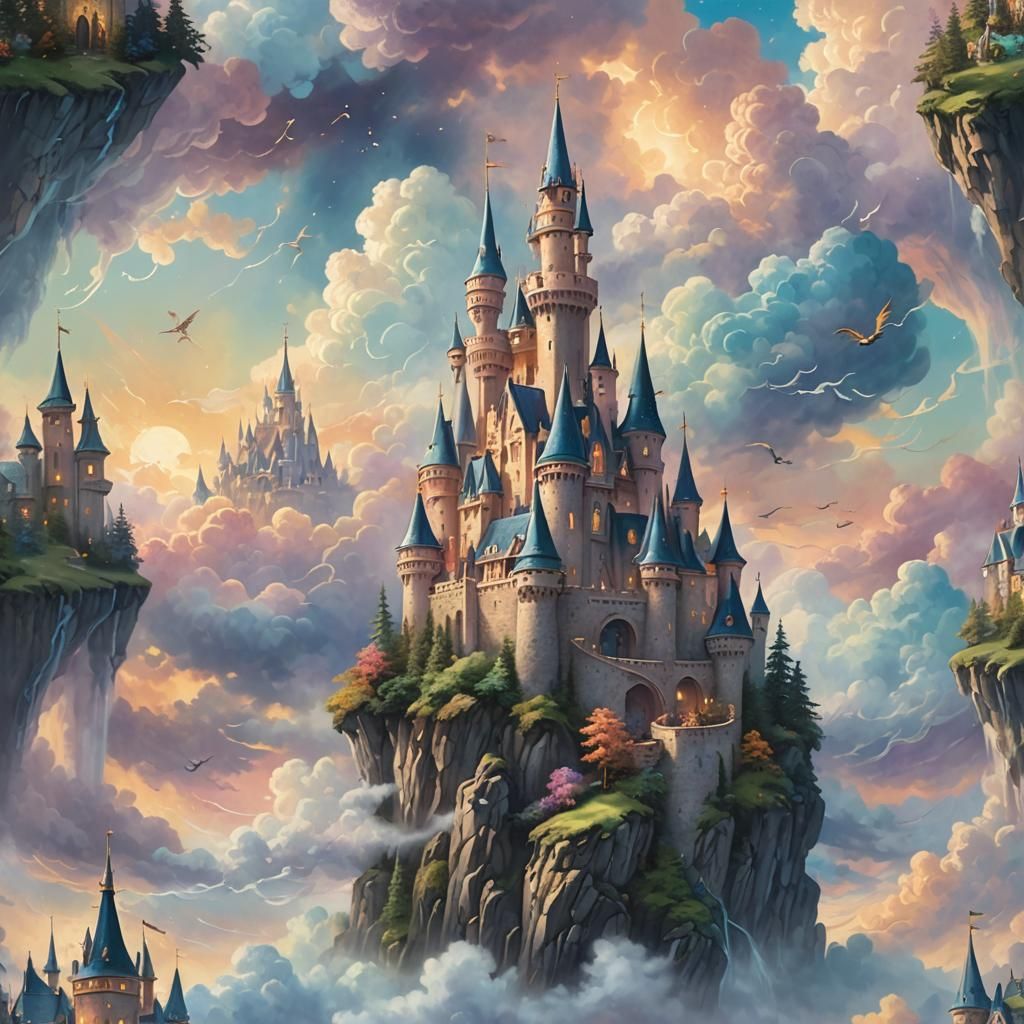 Fairytale Castle in the Clouds: Ethereal Watercolor Fantasy