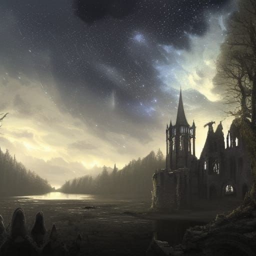 High Gothic Castle Under Starry Night Sky