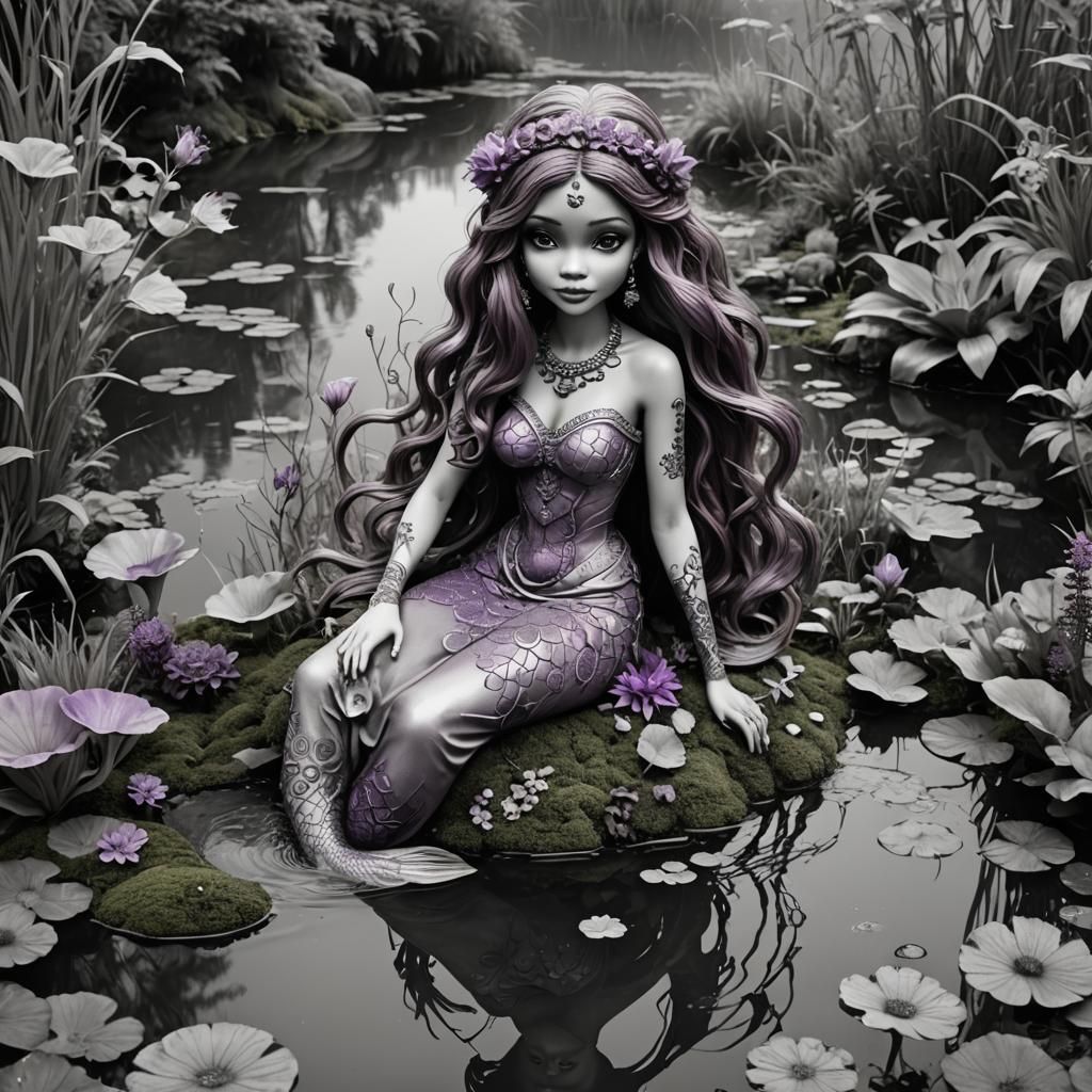 Decopunk Mermaid in Overgrown Pond: Grayscale Caricature