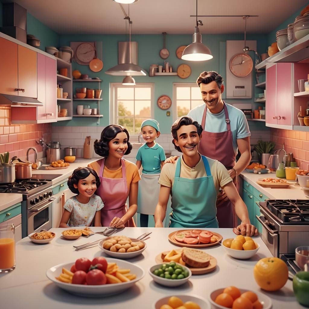 Happy Family in Modern Kitchen: 3D Animation
