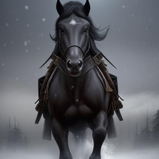 Black War Horse Wagons in Snowy Forest