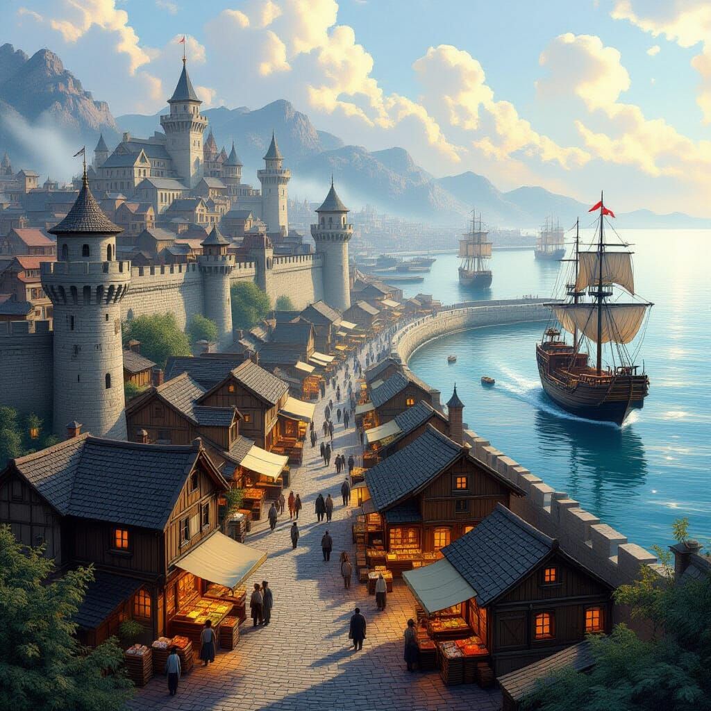 Ethereal Port City in a Romantic Fantasy Style