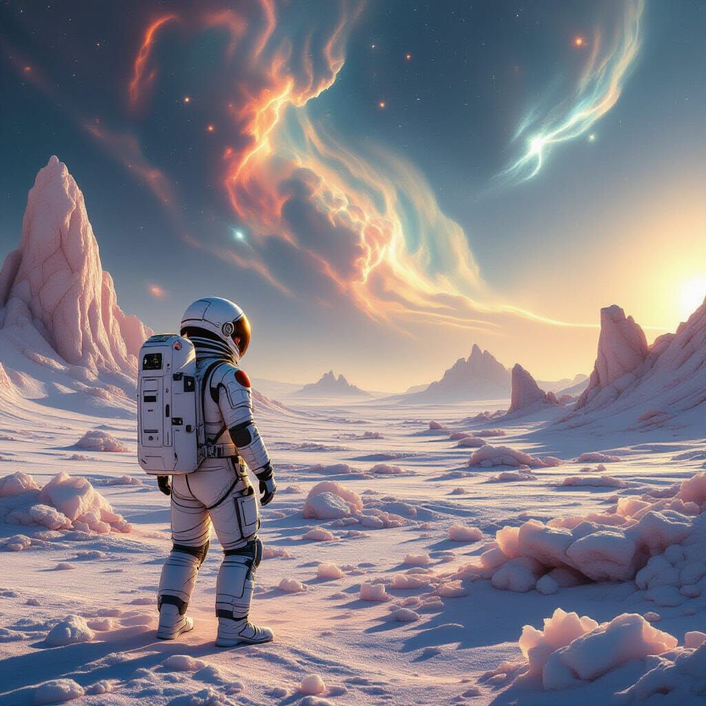 Astronaut Explores Alien Planet with Rock Candy Formations