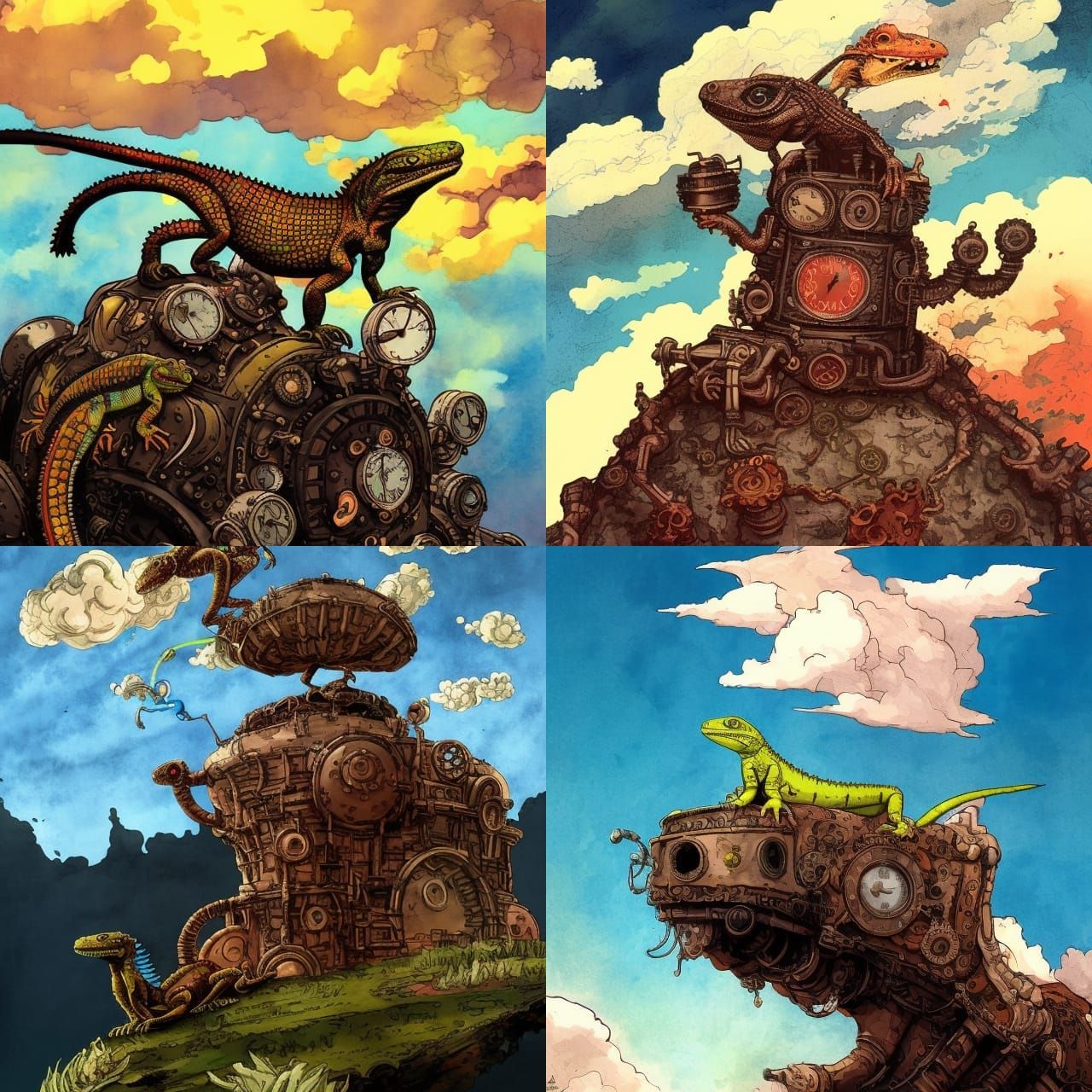 Steampunk Lizard Overlooking Lava Fields in Watercolour