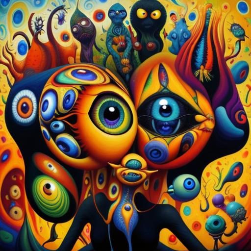 Surreal Creatures with Piercing Eyes: An Oil Painting