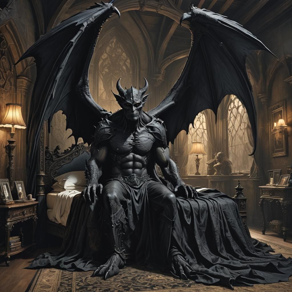 Gothic Gargoyle Awakens in Dark Fantasy Bedroom