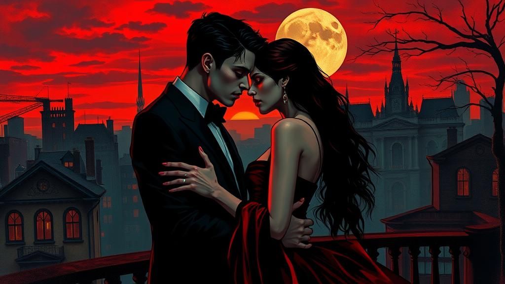 Vampire Couple Embrace in Expressionist Film Noir Style