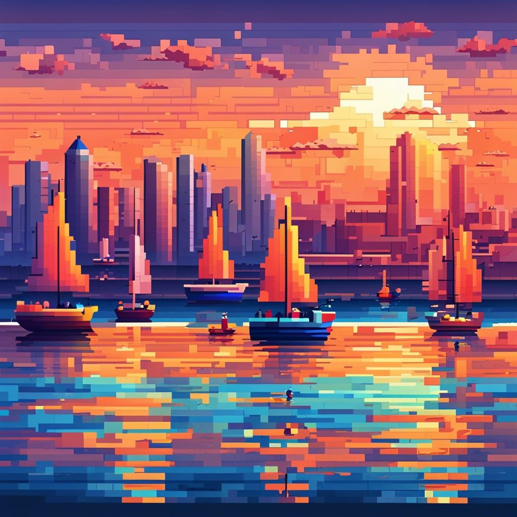 Sailboats on Sunset Coast in Pixel Art Style