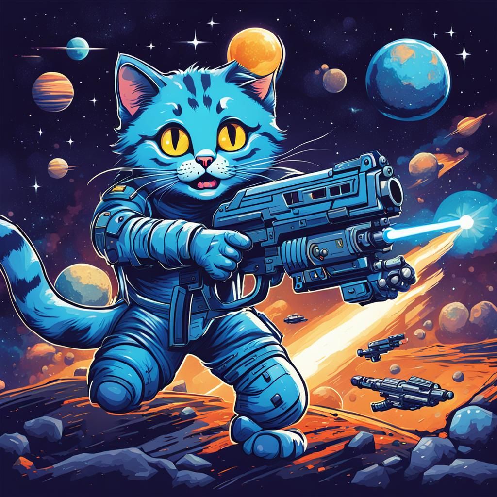 Blue Space Cat with Laser Gun