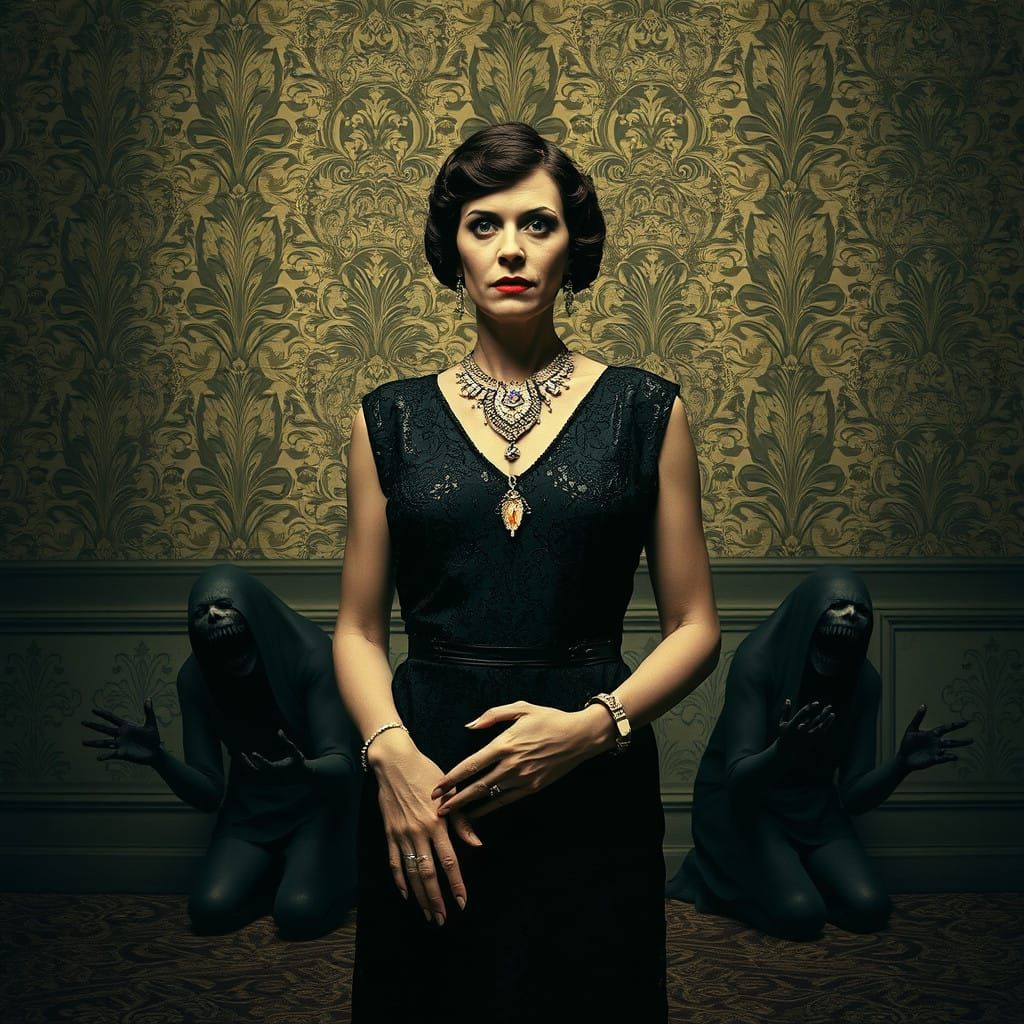 Ethereal Woman Confronts Dark, Supplicant Shadows in Opulent...