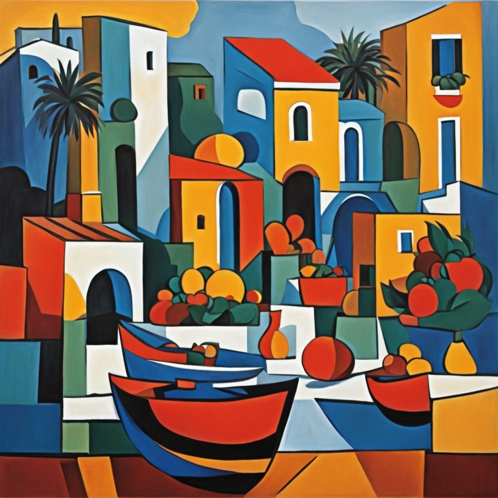 Cubist Mediterranean Harbor Still Life in Bold Colors