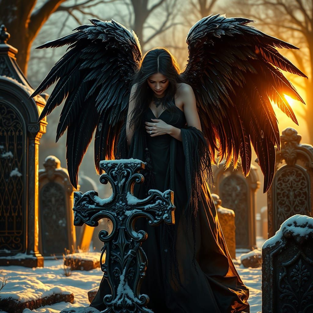 Sorrowful Dark Angel Weeps in Gothic Cemetery