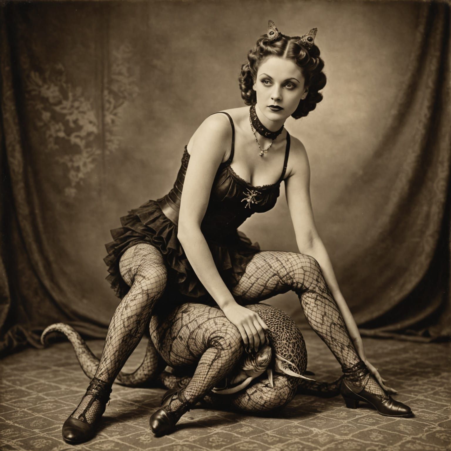 Sepia Contortionist in Fishnets: Vintage Photo