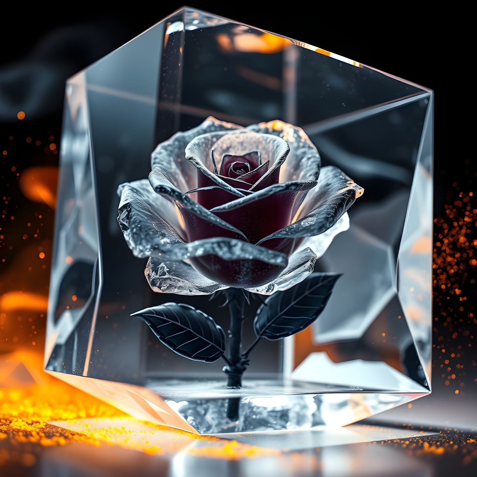Black Ice Rose in Crystal Cube
