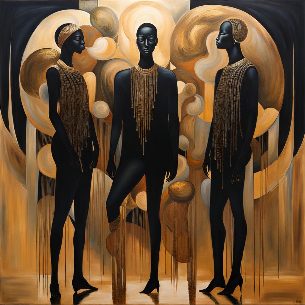 ethereal painting of human figures in black, gold and copper