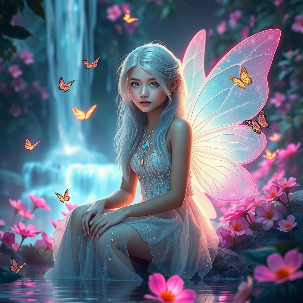 Futuristic Fairy Amidst Neon Waterfall