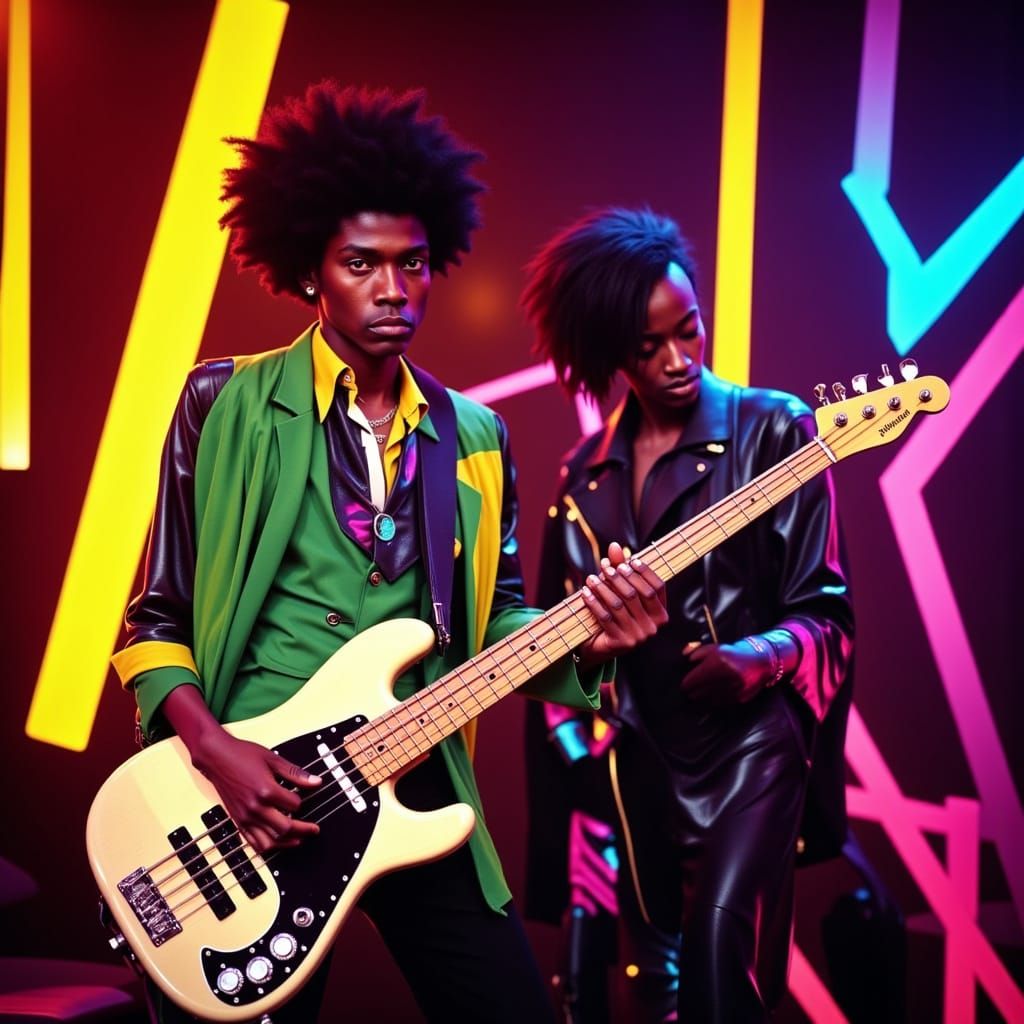 Young Afro American Bassist in Neon 80s New Wave Style