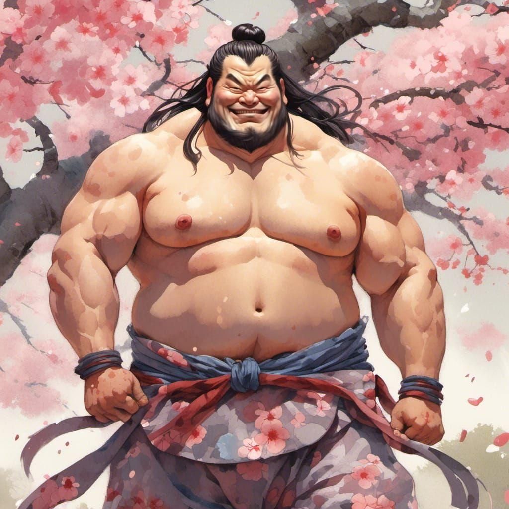 Sumo Wrestler Laughing Under Cherry Blossom Tree