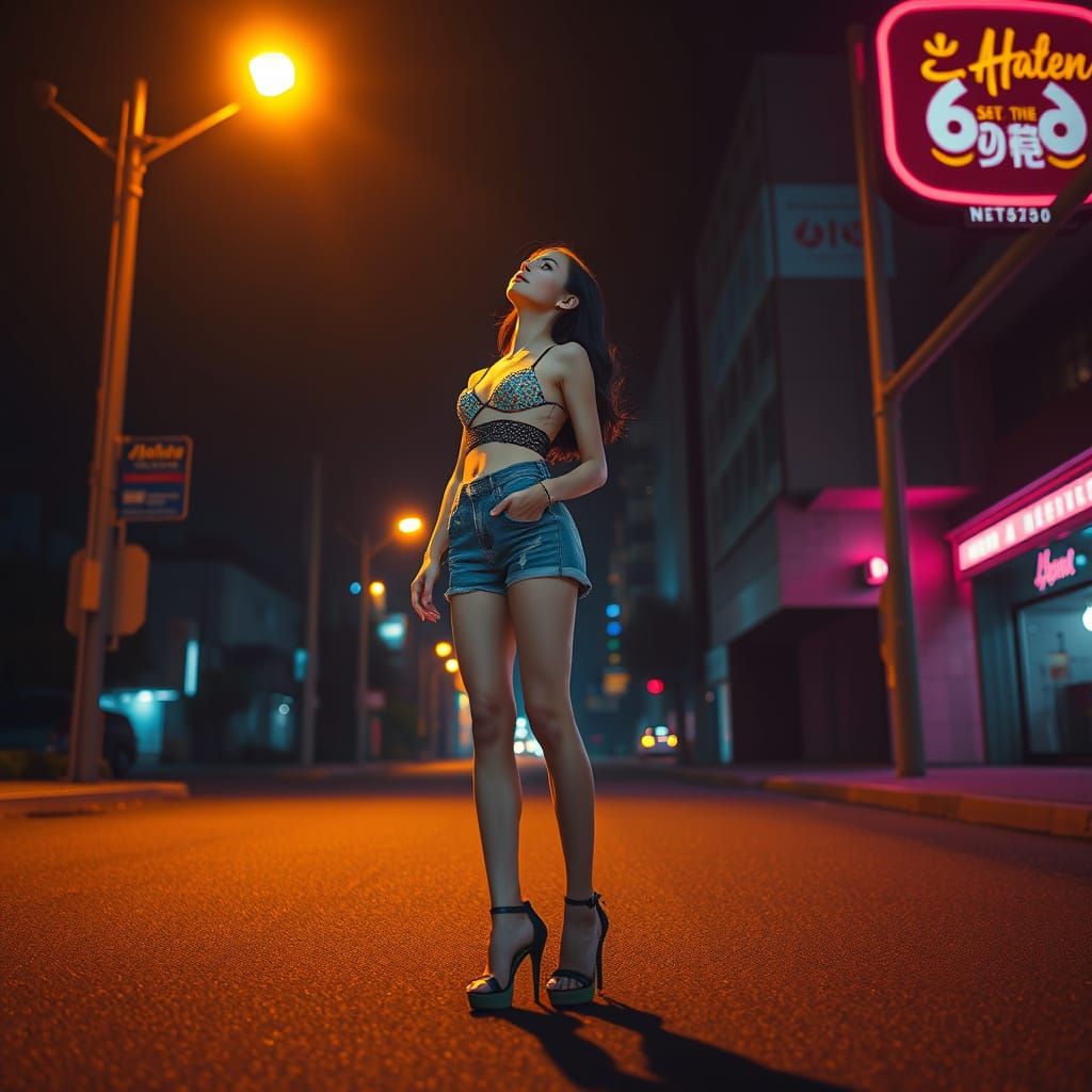 Girl Under Street Light: Neon Noir Digital Art