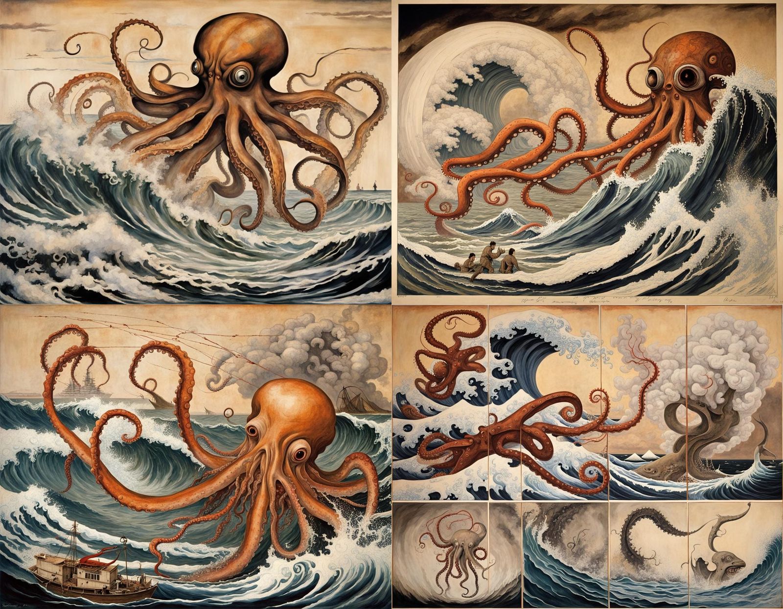 Hybrid Creature Battle in Tsunami, Japanese Art