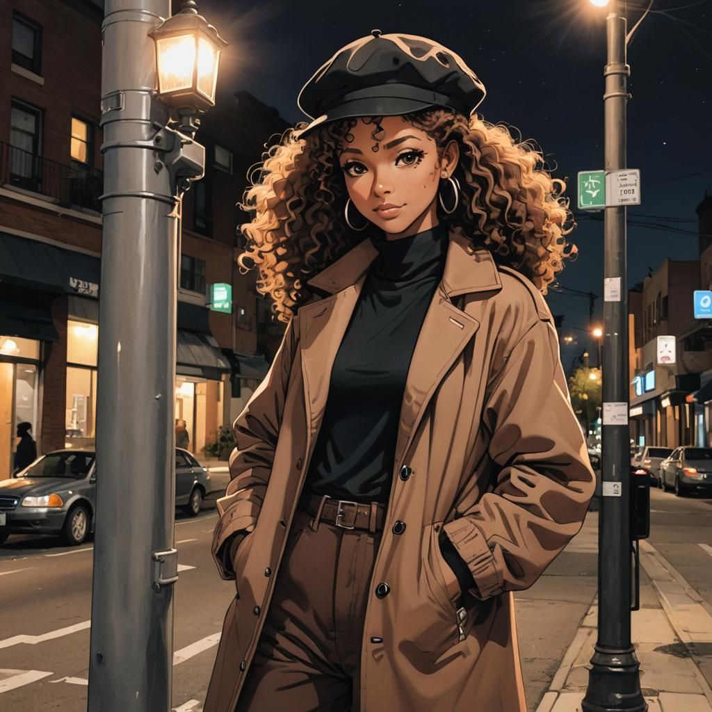 Anime Girl in 1980s Style Leaning on Light Post