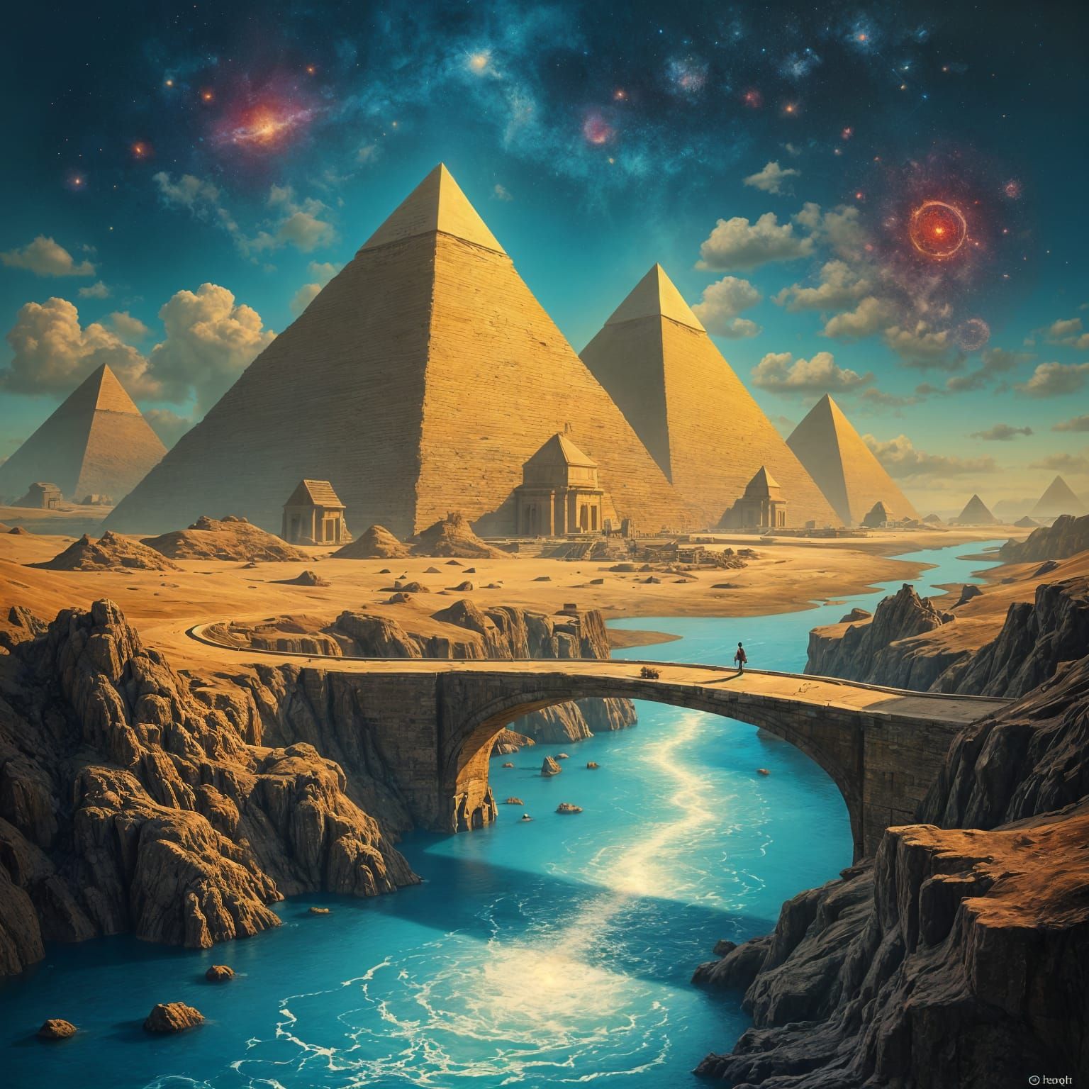 Surreal Egyptian Pyramids in a Cosmic River of Time