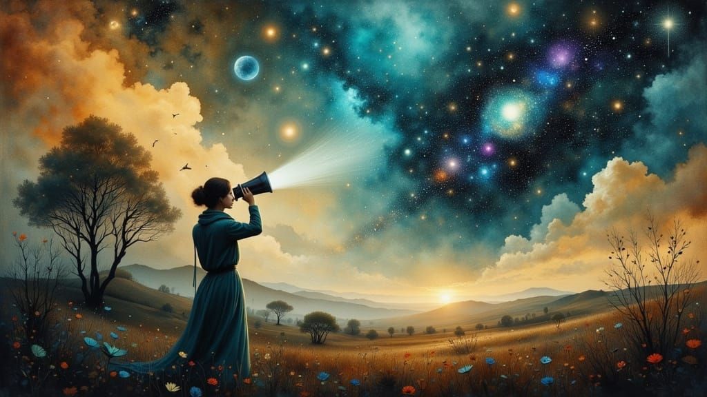 Astronomer's Distant Vision in Liquid Ink Style