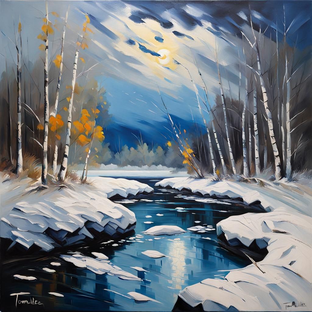 Fish in River Den: Oil Painting with Strong Contrasts