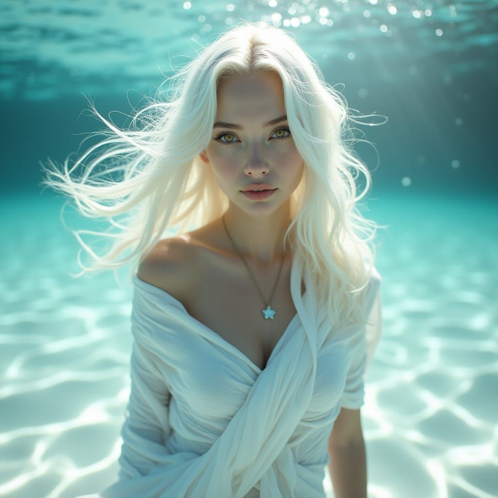 Underwater Fashion Photography: White-Haired Woman in Flowin...