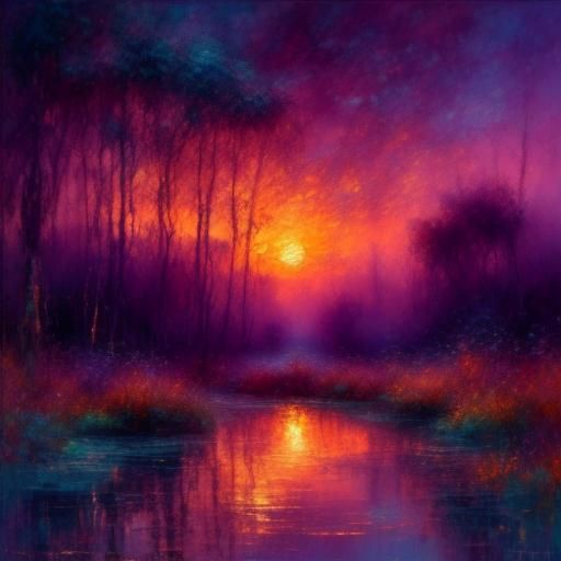 <lora:Painted:1.0> A vaporwave sunset in a jungle with a gap...