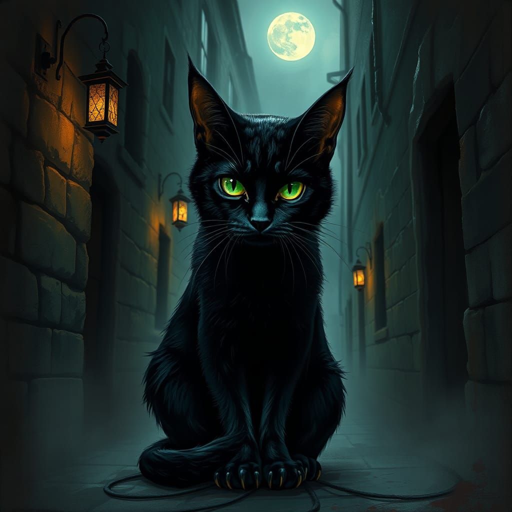 Eerie Black Cat in Gothic Alleyway